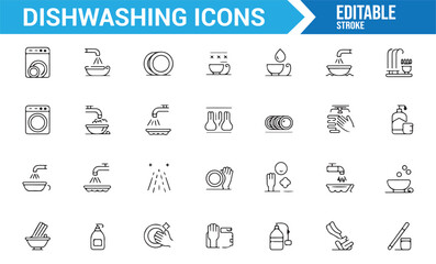 A collection of dishwashing icons, depicting various cleaning tools, detergent bottles, and dishwashing activities in a minimalist line art style.