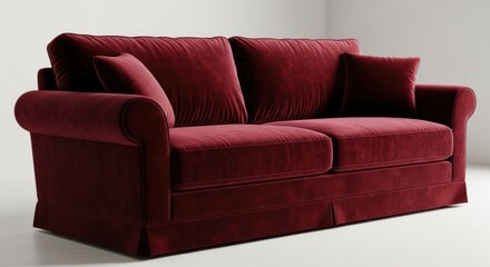 A deep burgundy velvet sofa with classic armrests and a plush seat.