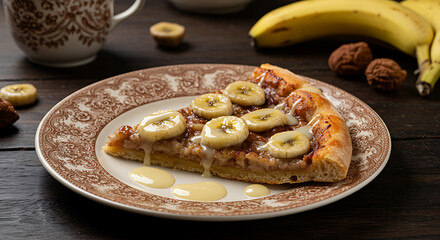 A slice of banana and cinnamon pizza with caramelized banana slices and a drizzle of condensed milk. Presented on a vintage plate, over a dark wooden table with warm ambient light