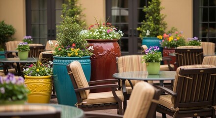 Fototapeta premium Outdoor patio scene with planters and chairs.