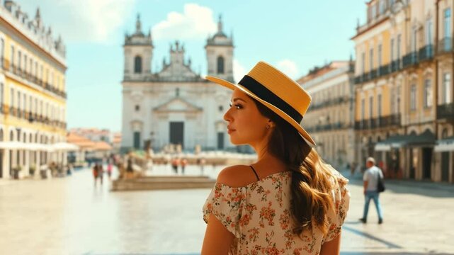Young woman tourist wearing a straw hat looking at the historical city center of &Eacute;vora in alentejo, portugal, with the igreja de santo ant&atilde;o church