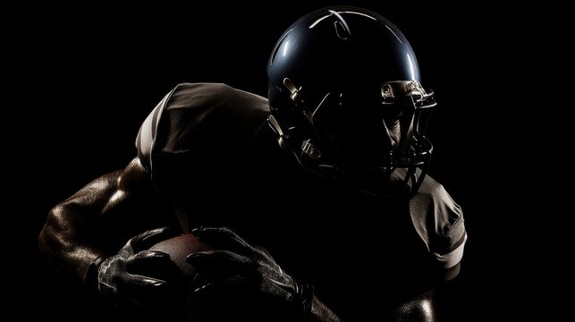 The powerful football player in dramatic silhouette against a dark background.