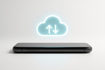 Cloud Sync: A sleek smartphone, symbolizing modern connectivity, is illuminated by a glowing cloud icon. Representing seamless digital syncing, data backup, and the ubiquity of cloud storage.