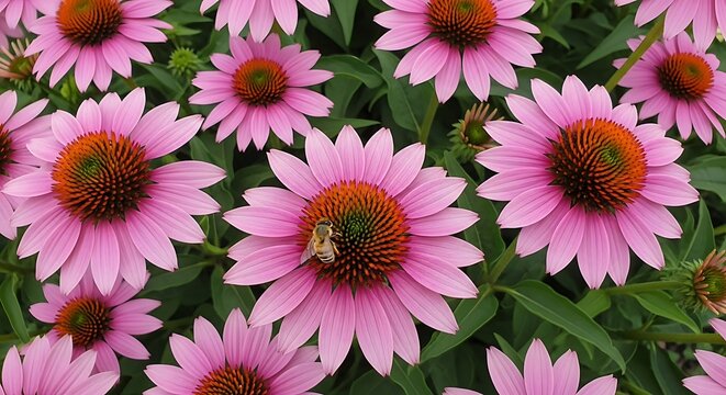 Pink coneflower with bee and green foliage echinacea insect