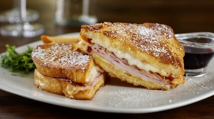 Close up of a Golden Brown French Toast Sandwich with Ham and Cheese