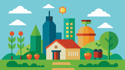 Vector illustration of an educational city farm with modern skyscrapers, a small house, fruit plants and greenery under a sunny sky