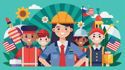 Bright illustration of diverse workers smiling with flags and tools, celebrating Labor Day in a festive and patriotic atmosphere