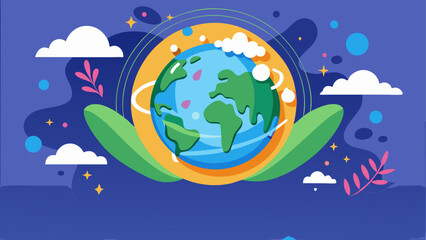 Flat illustration of Earth held by green hands surrounded by clouds, stars and plants, symbolizing global care and environmental protection