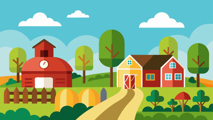 Colorful illustration of a neighborhood farm with barns, trees, dirt road, pumpkins and clear blue sky in a rural landscape