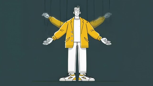 Minimal flat motion of a person with strings attached to their limbs, controlled by a puppet master representing their need for validation through lying. 2D cartoon animation