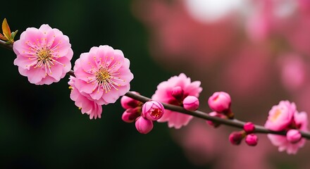 Fototapeta premium Pink plum blossoms on dark branch flowers