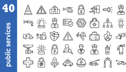 Set of 40 outline icons related to public services. This outline icon set includes government services, healthcare, emergency services, utilities, and more. Editable stroke. Vector illustration