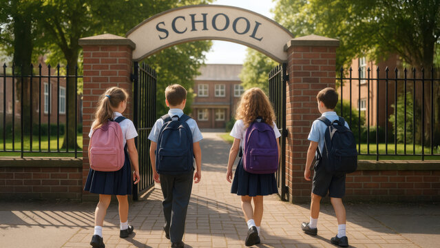 Group of young school children with backpacks walking through school gate. Boys and girls in uniform head to class on sunny day.