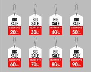 Red sale tags and labels with ribbons, perfect for promoting discounted prices in retail and business