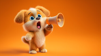 A puppy excitedly speaks into a large megaphone