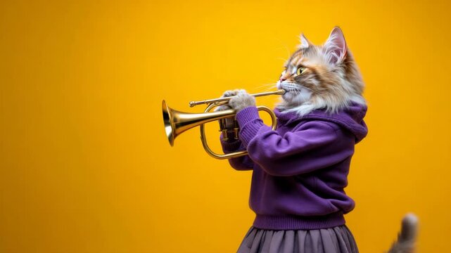 Anthro cat in purple plays golden trumpet against a yellow backdrop