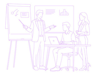 Coworkers working in modern office lineart illustration