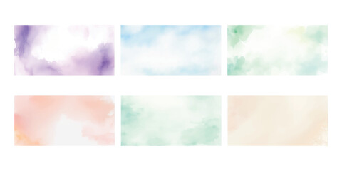 Naklejka premium Set of 6 Pastel Watercolor Backgrounds in Soft Sky Blue, Mint Green, Peach Blush, Lavender, Cream Beige, and Soft Green – Hand-Painted Aquarelle Textures for Elegant Web Design, Posters, Invitations, 