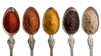 Ground Spices in Spoons - Top-down view of assorted ground spices in wooden spoons on transparent background


