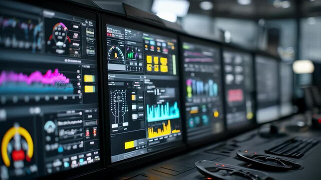 A closeup of a dashboard display in a control room shows a live feed of data points and trends from a multitude of IIoT devices enabling operators to quickly make datadriven