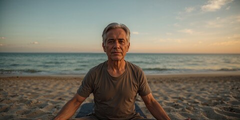 Older man meditates on a beach at sunset with the ocean in the background in a peaceful setting