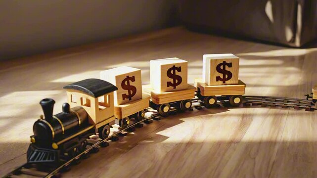 A wooden toy train carrying blocks with $ signs carved on each side