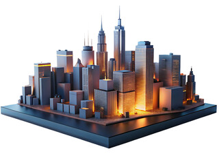 A 3d model of a modern city skyline at night isolated on transparent background