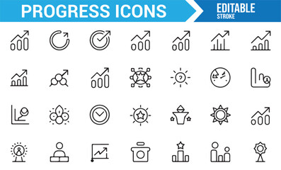 Set of progress icons featuring graphs, arrows, trophies, and target symbols for achievement.