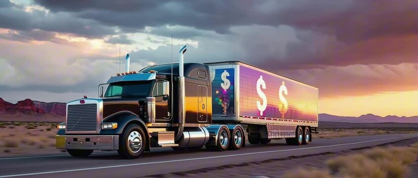 2:35:1 A semi truck with $ signs on it driving down a desert highway at sunset 