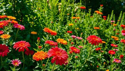 Obraz premium Sun-drenched vibrant flower garden, lush green foliage, flora, colorful