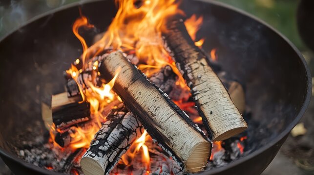 Flaming birch logs burning brightly in a metal fire pit, outdoors with blurred background