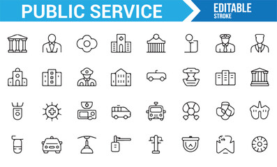 Collection of icons for public services, featuring hospitals, police, courts, and government offices.