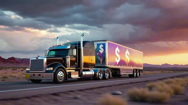 A semi truck with $ signs on it driving down a desert highway at sunset 