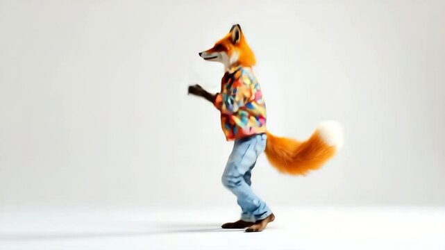 Anthropomorphic fox dancing in jeans and colorful shirt on white backdrop