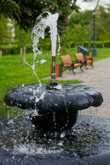 A sharp capture of water arcing from a fountain nozzle into a scalloped basin in a summer city park, with benches and a tree‑lined alley softly blurred. Photo. High resolution