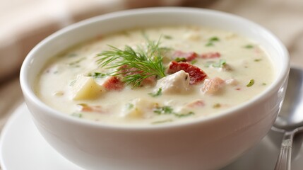 Creamy Potato Chowder with Bacon and Herbs in White Bowl