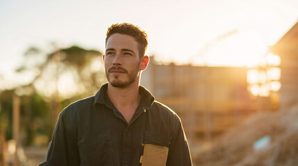 young man with beard standing outdoors in warm sunlight wearing casual shirt with patch, thoughtful expression, natural background, golden hour lighting