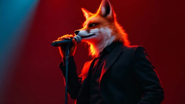 Anthropomorphic fox in a suit singing into a microphone on stage