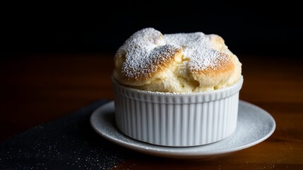 Creamy Vanilla Souffle in White Bowl on Wooden Table