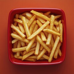 Overhead View of Golden French Fries in a Bright Red Serving Dish