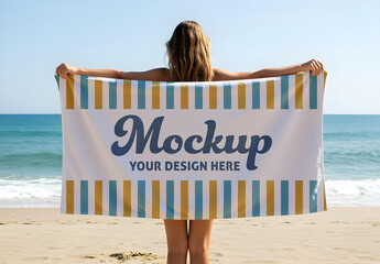 Blank Beach Towel Mockup Held by Woman on Sandy Shoreline with Ocean Background