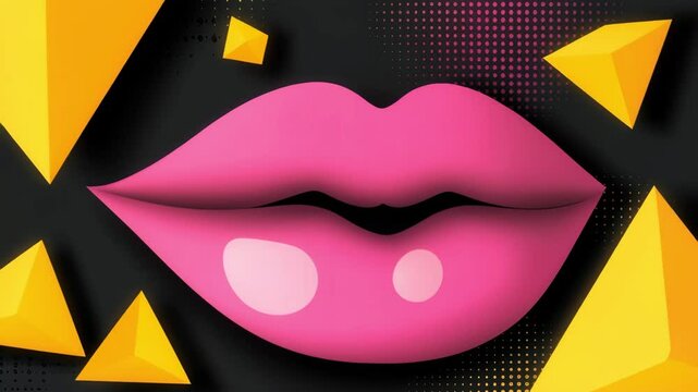 Bold Modern Artistic Design Featuring Pink Lips and Geometric Shapes in Black and Yellow, Evoking Creativity and Playfulness in Vibrant Aesthetics