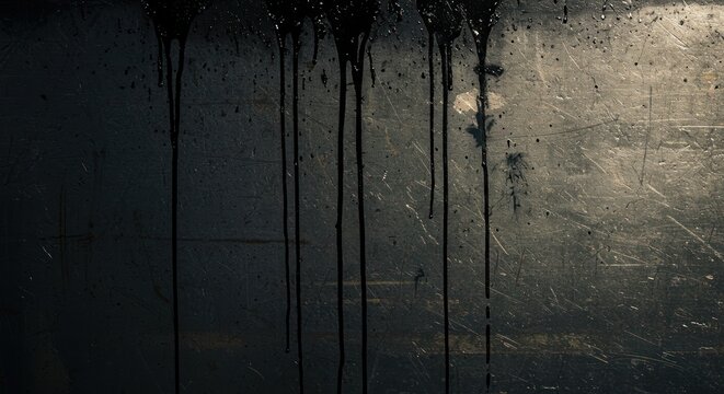 Black liquid drips down a scratched dark metal surface