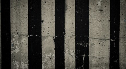 Concrete wall with painted vertical black and beige stripes Cracked and textured surface