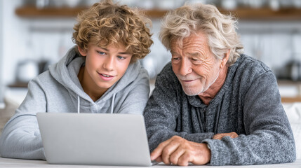 Teen boy helping grandfather use a laptop, showing patience and bonding. Perfect for technology education, family, senior learning, and digital inclusion concepts.