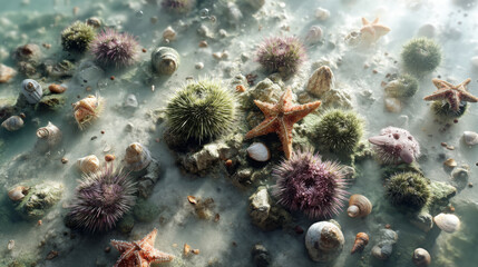 Fototapeta premium Vibrant Underwater Ecosystem with Starfish and Sea Urchins