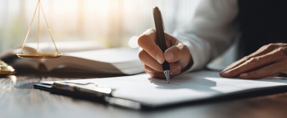The professional hand signing an important legal document in an office setting.