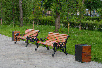 Two empty wooden benches with decorative iron legs flank twin trash bins on a paved path in a lush summer city park, offering a peaceful rest area. Photo. High resolution