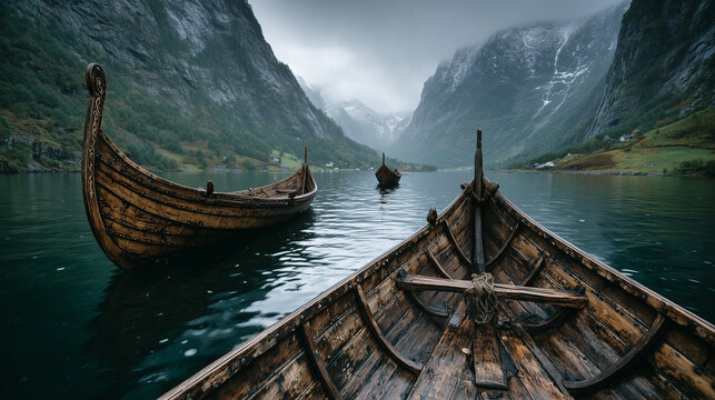 Viking wooden boats float on calm fjord water surrounded by towering snow-capped mountains under a cloudy sky, creating a moody and dramatic atmosphere.