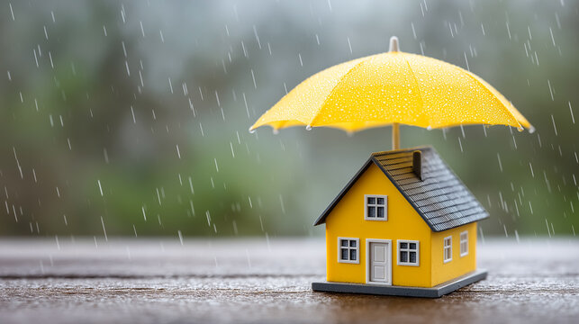 Miniature house under yellow umbrella in heavy rain, symbolizing home protection and insurance. Perfect for real estate, property safety, home insurance, or risk management themes.